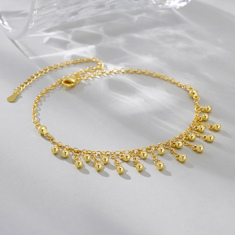 Beaded Anklet Chain - 925 Sterling Silver Round Bead Tassel